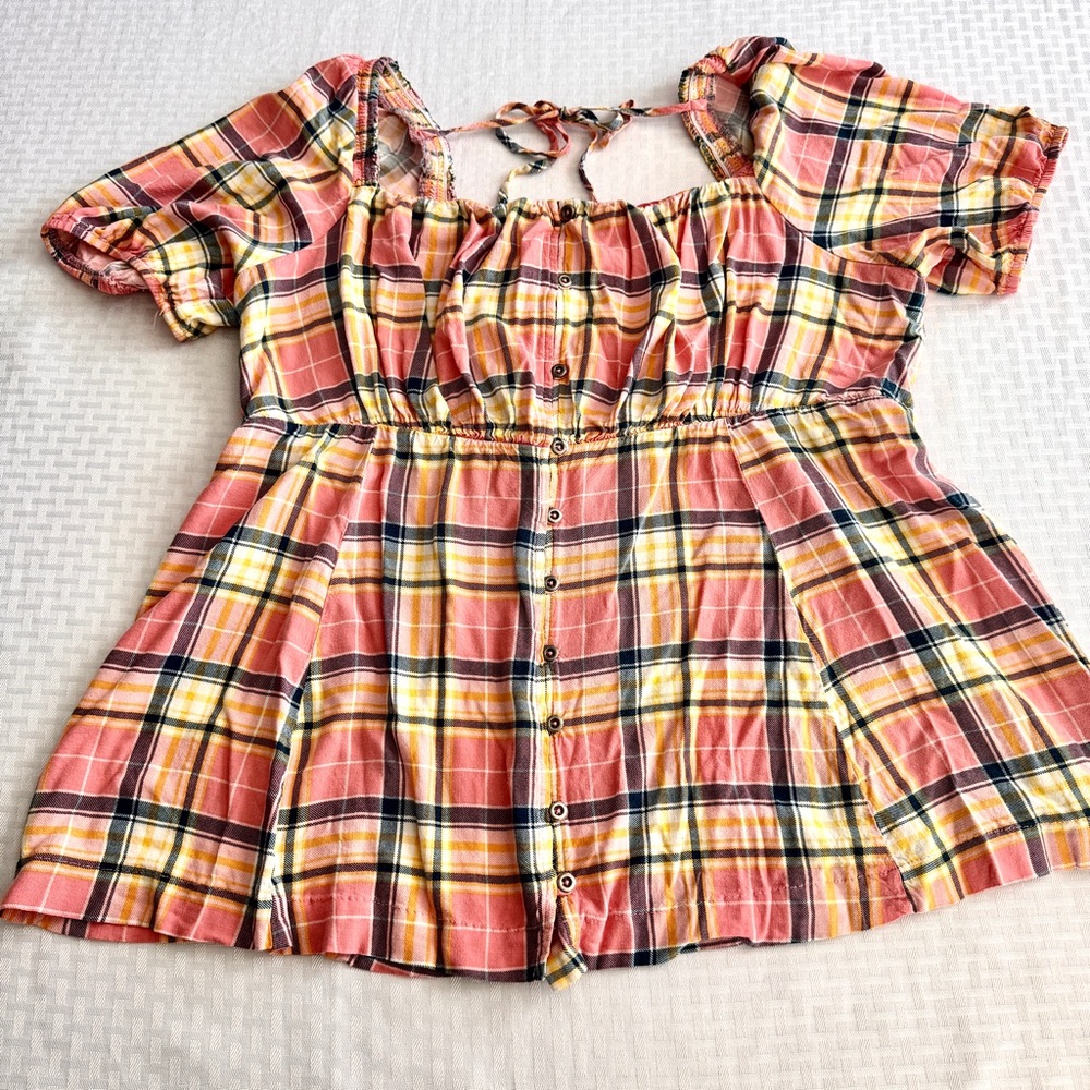 Torrid Womens Plaid Babydoll Top Pink Yellow Puff Sleeve Peplum Blouse Size 2 2X